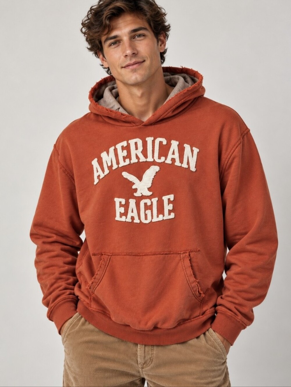 Vtg Y2K American Eagle Hoodie Sweatshirt Orange Embroidered Spellout Mens Sz XXL